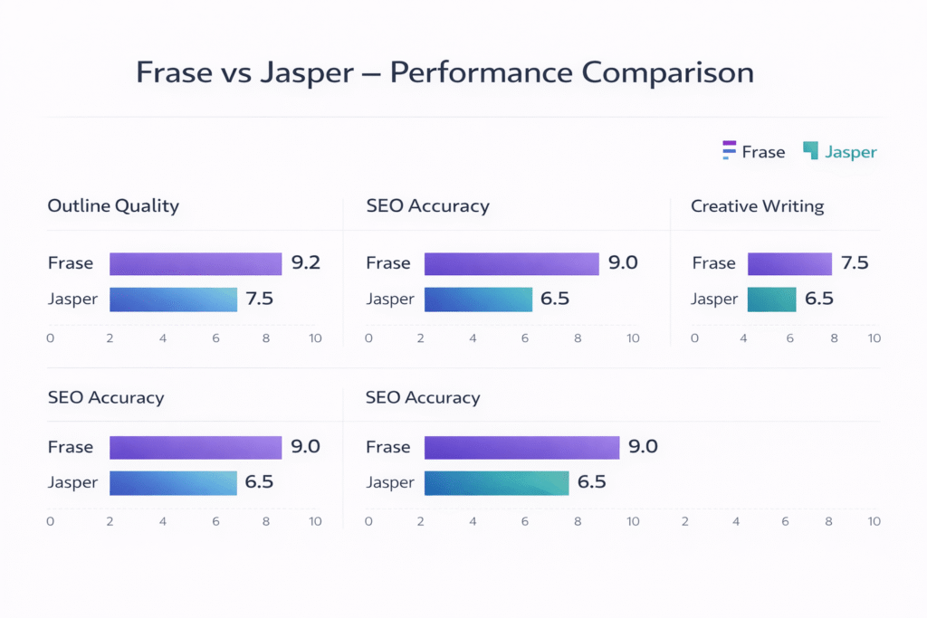 Frase vs Jasper testing results comparison data visualization
