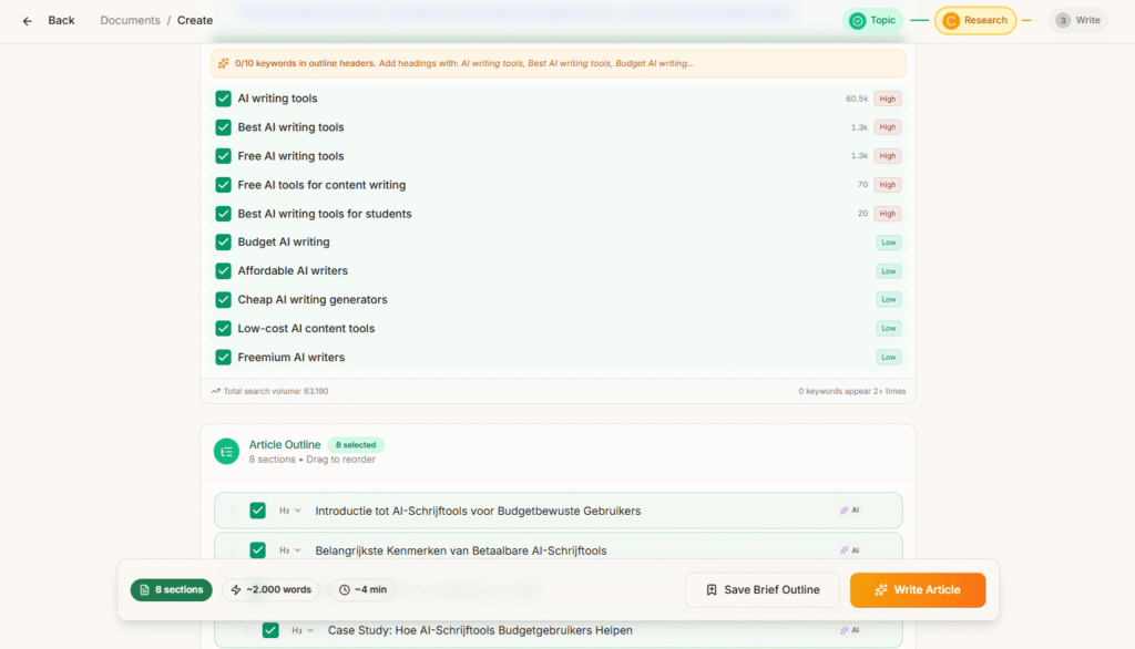 Frase outline builder showing drag and drop headings interface with custom sections