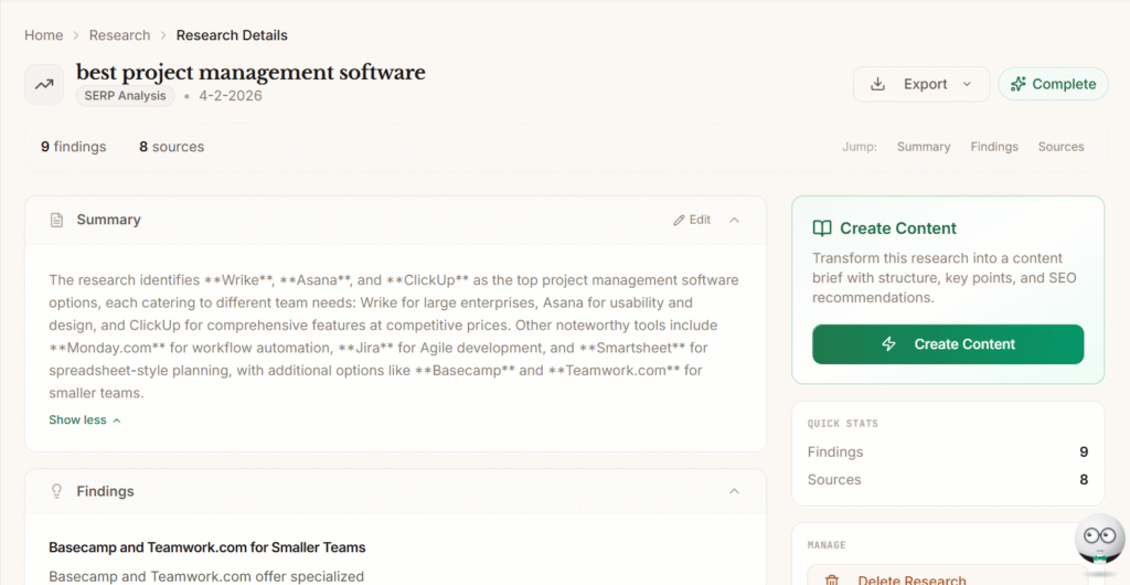 Frase SERP analysis dashboard showing competitor metrics and topic scores