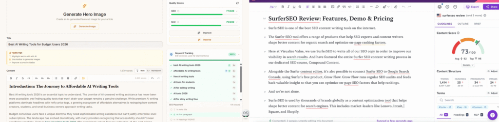 Side-by-side comparison of Frase content brief builder and Surfer SEO content editor interface