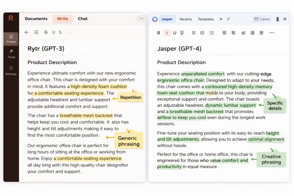 Side-by-side content samples showing Rytr GPT-3 output vs Jasper GPT-4 output highlighting quality differences