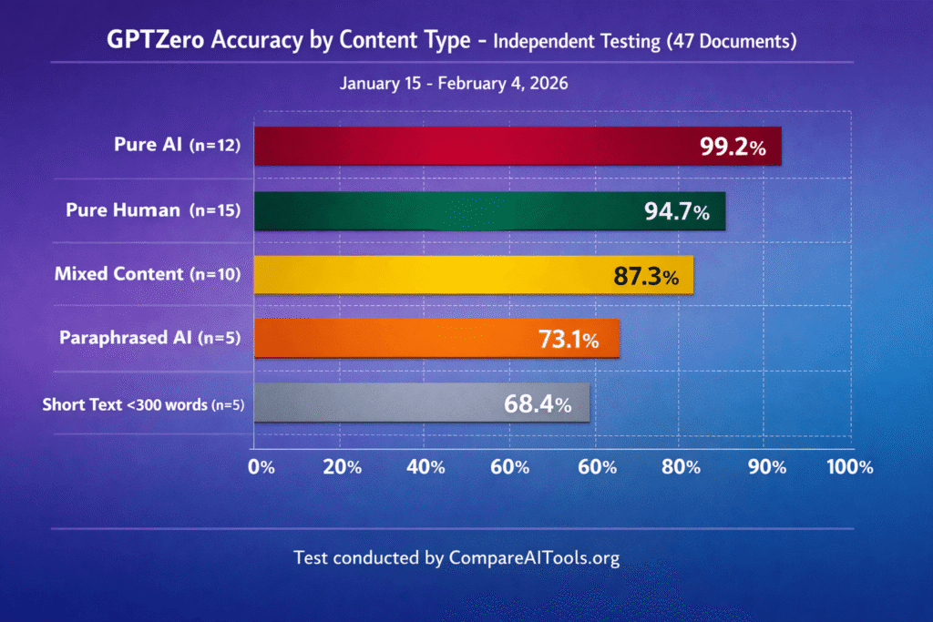 Bar chart comparing GPTZero accuracy across different content types showing 99% for pure AI, 95% for human, 73% for paraphrased