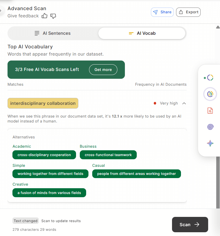 GPTZero advanced scan showing perplexity score, burstiness score, and sentence-level analysis breakdown
