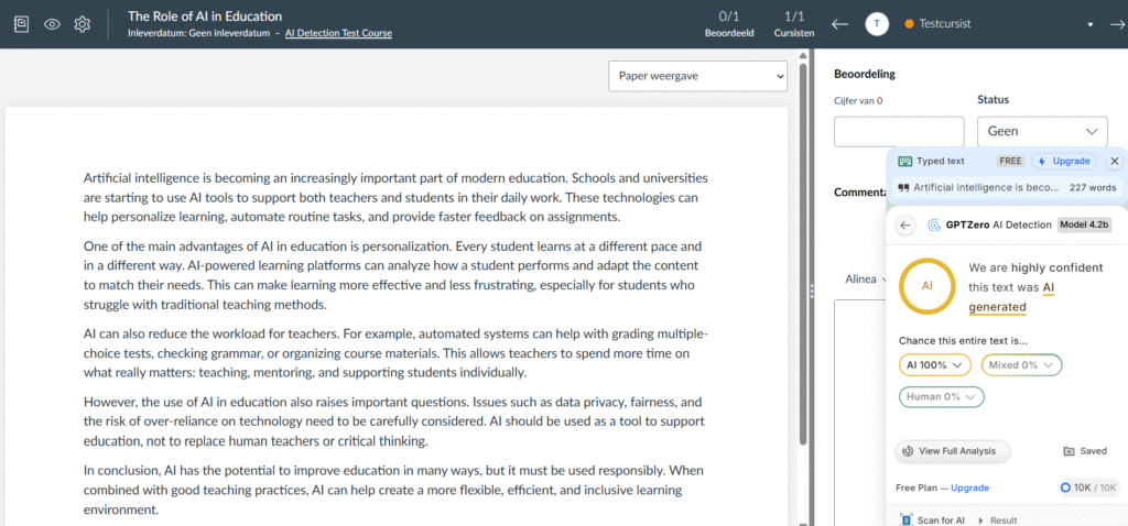 GPTZero integrated into Canvas LMS interface showing assignment scanning workflow