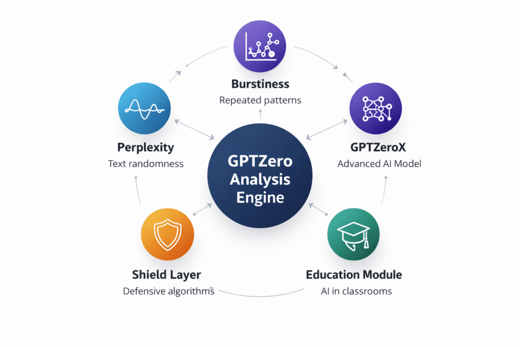 Diagram showing GPTZero's five detection methods: Perplexity, Burstiness, GPTZeroX, Education Module, and Shield