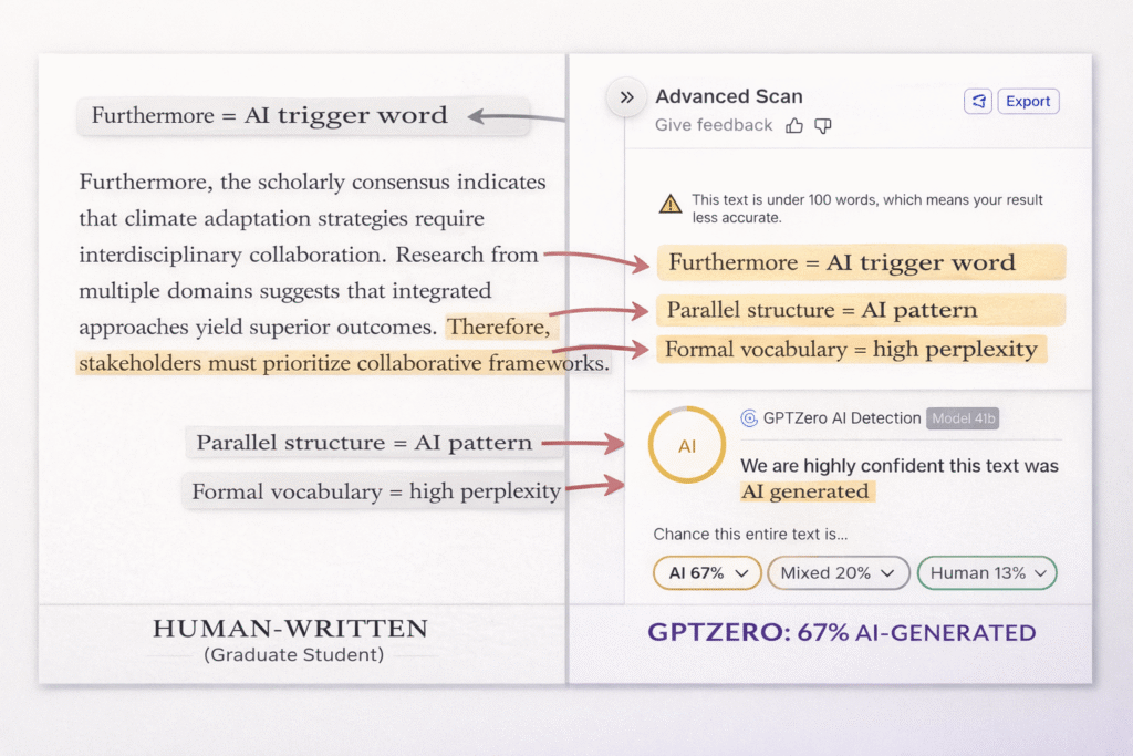 Side-by-side comparison showing human-written academic text flagged as 67% AI by GPTZero with highlighted sections
