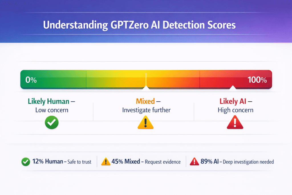 Data visualization chart explaining GPTZero probability scores and what they mean for decision-making