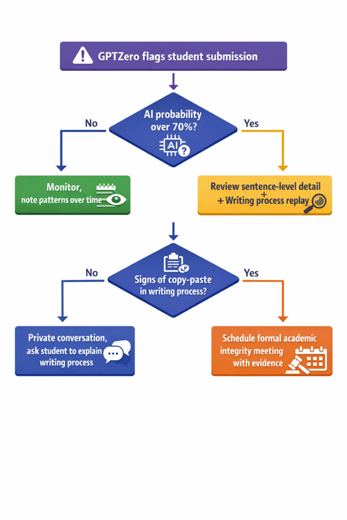 Decision flowchart showing what teachers should do when GPTZero flags a student submission
