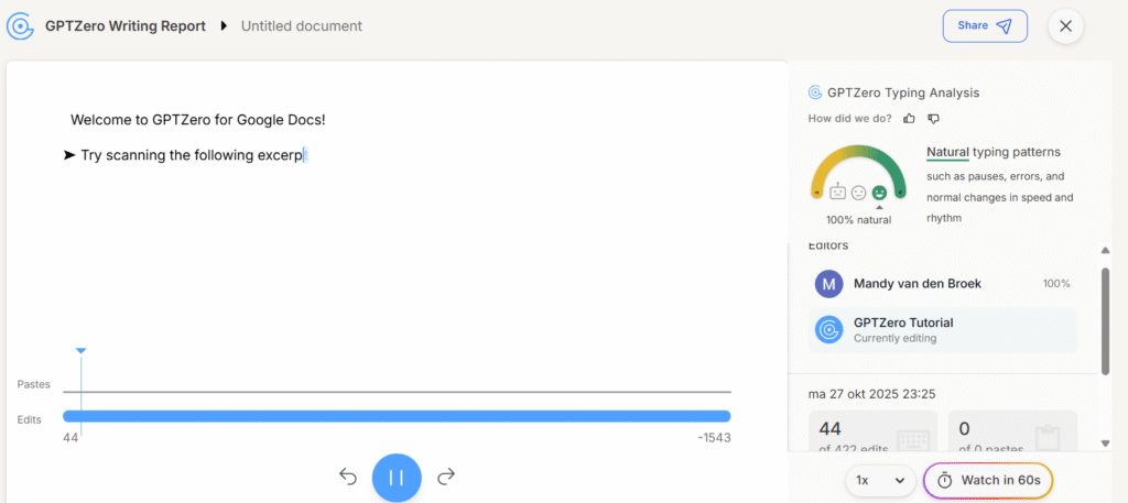 GPTZero Writing Replay feature showing video playback of document creation process with timeline and edit tracking