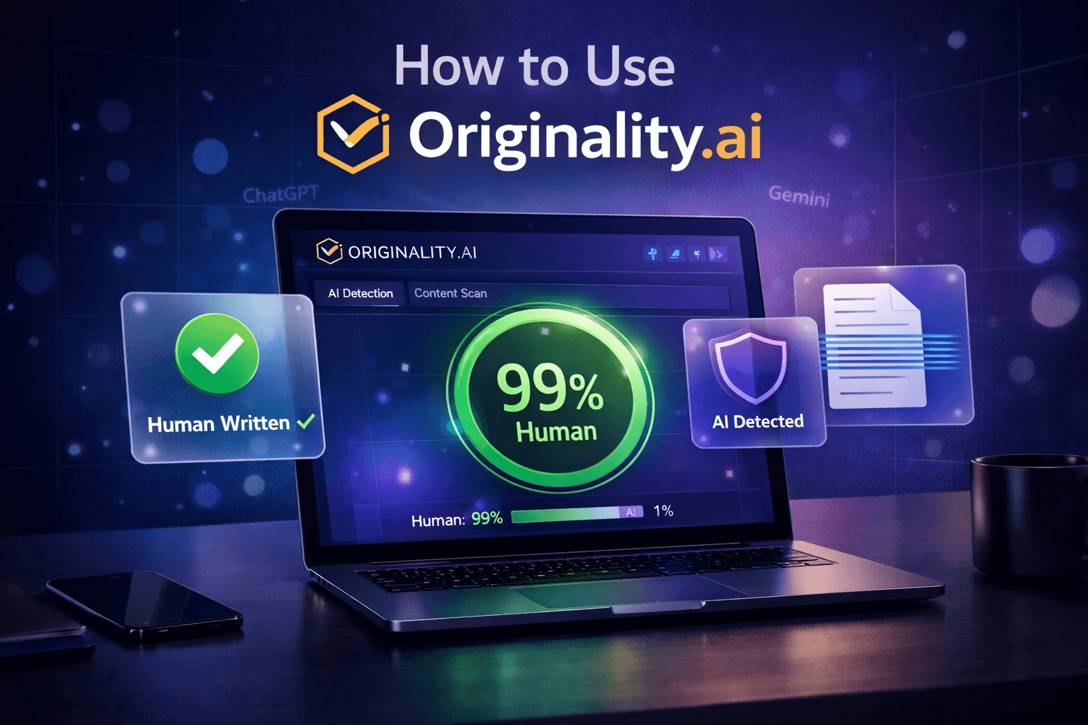 How to use Originality.ai — AI content detection dashboard showing 99% human score with purple gradient interface