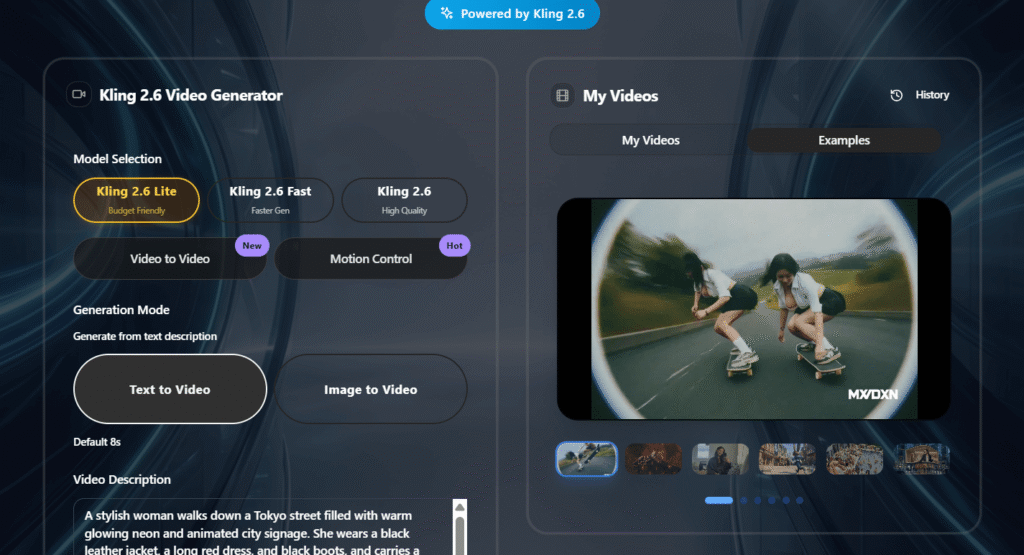 Kling AI 2.6 interface showing 3-minute video extension timeline and generation controls