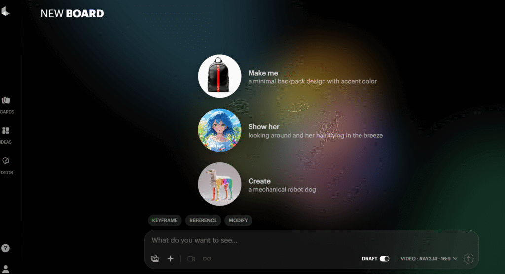 Luma AI Dream Machine Ray3 interface showing cinematic video generation with natural motion physics