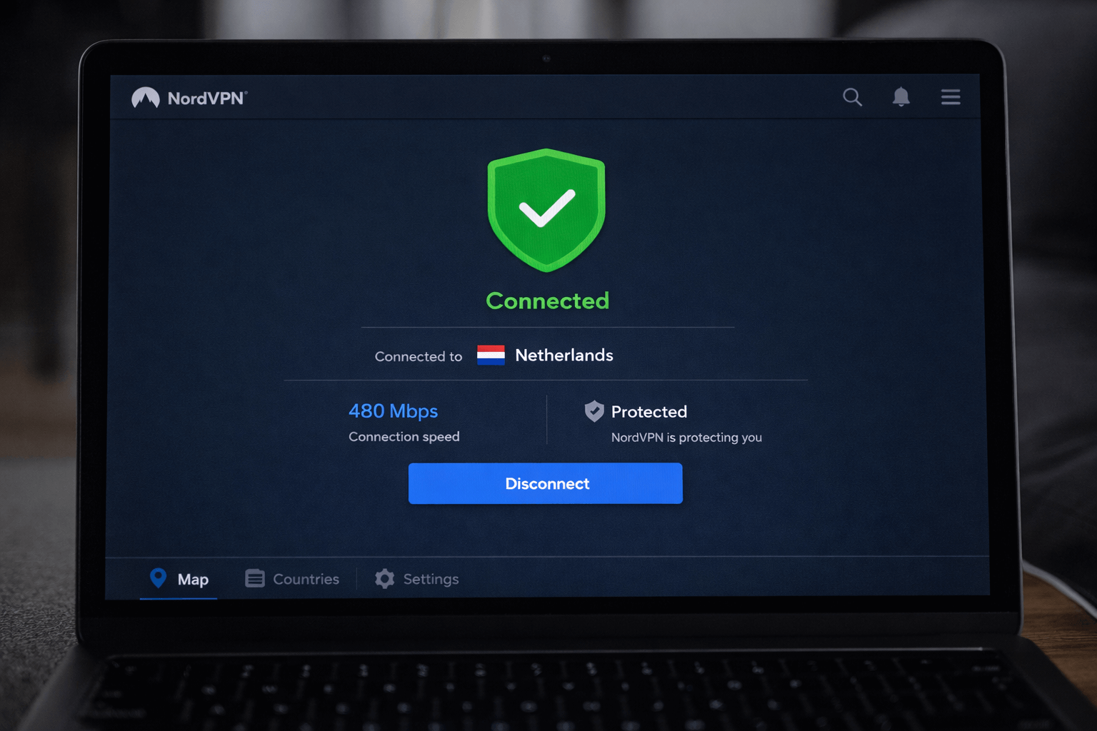 NordVPN app connected interface showing secure VPN connection with green shield icon