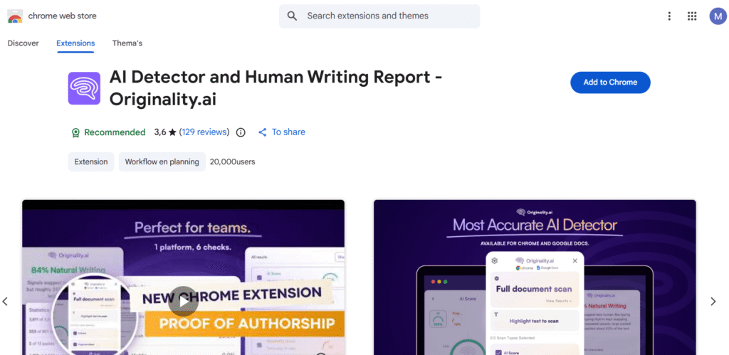 Chrome Web Store showing Originality.ai Chrome Extension installation with Add to Chrome button