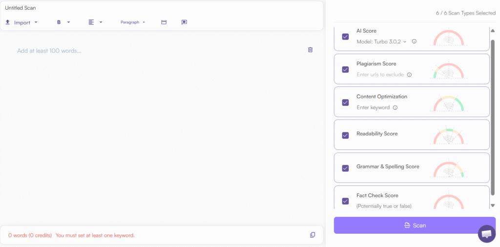 Originality.ai main dashboard showing Start New Scan interface with AI detection and plagiarism options