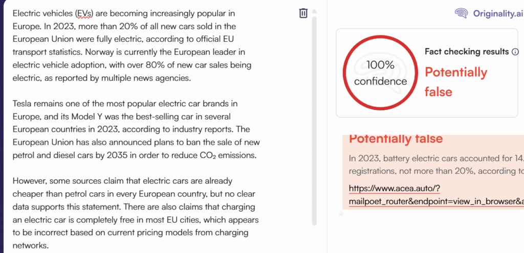 Originality.AI fact-checking interface showing verified and unverified claims with source links