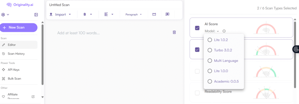 Originality.AI dashboard showing three detection models - Lite, Turbo, and Academic with plagiarism and fact-checking results