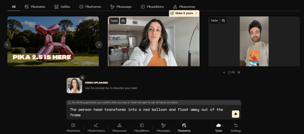 Pika Labs 2.5 AI video generator showing Pikaffects panel with explosion, melt, and inflate effects options