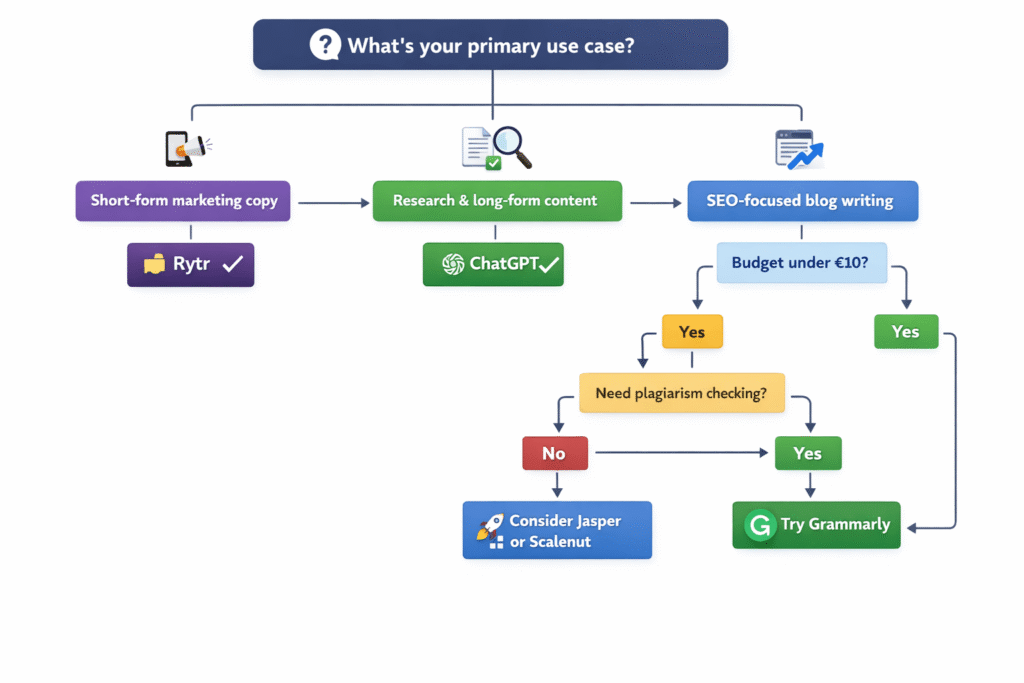 Decision flowchart helping users choose between Rytr, ChatGPT, or alternative AI writing tools based on specific needs