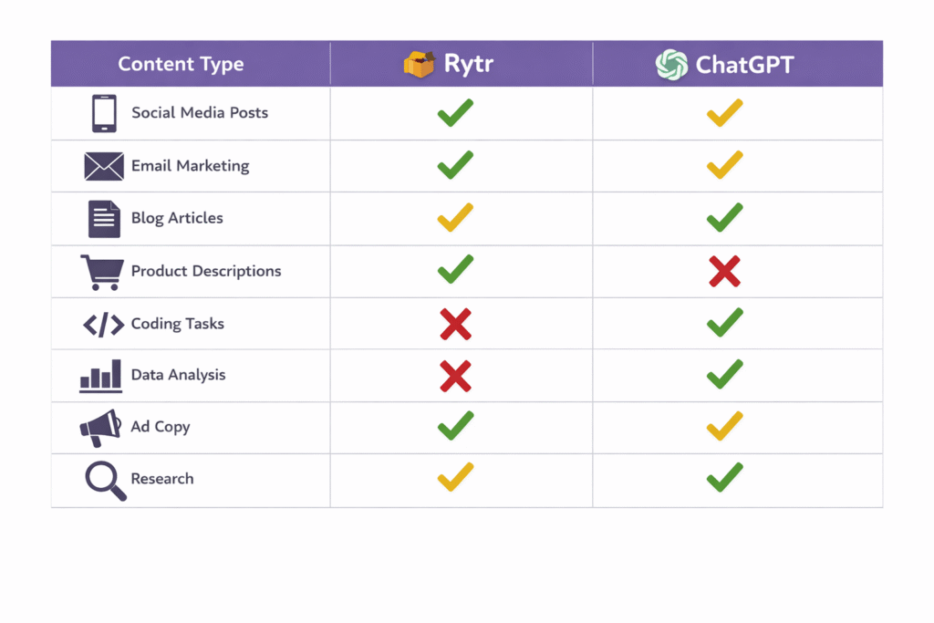 Decision matrix showing which tool is best for different content types and user personas