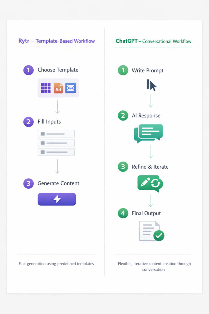 Side by side comparison showing Rytr's template workflow vs ChatGPT's conversational prompting workflow