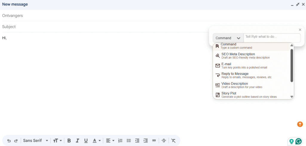 Rytr Chrome extension context menu showing right-click activation in Gmail compose window