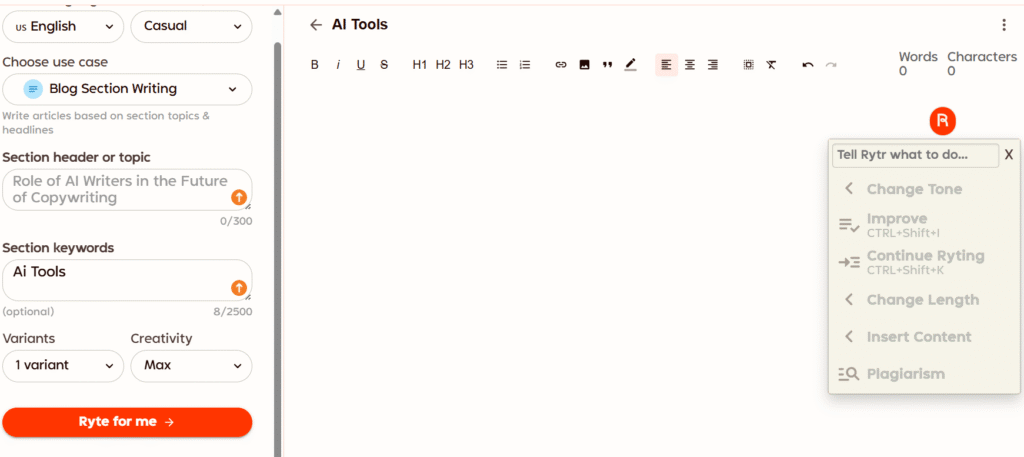 Rytr content creation interface showing language selector, tone dropdown, use case templates, and prompt input field