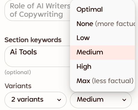 Rytr creativity level slider from None to Max with variants selector showing 1, 2, or 3 options