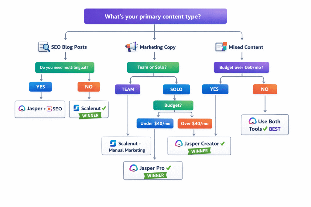 Decision flowchart to help choose between Scalenut and Jasper based on content needs
