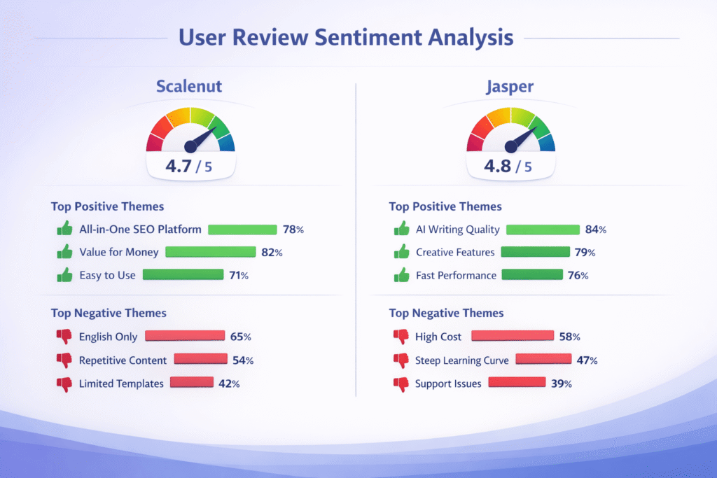Data visualization showing aggregated user sentiment from 50+ reviews of Scalenut and Jasper