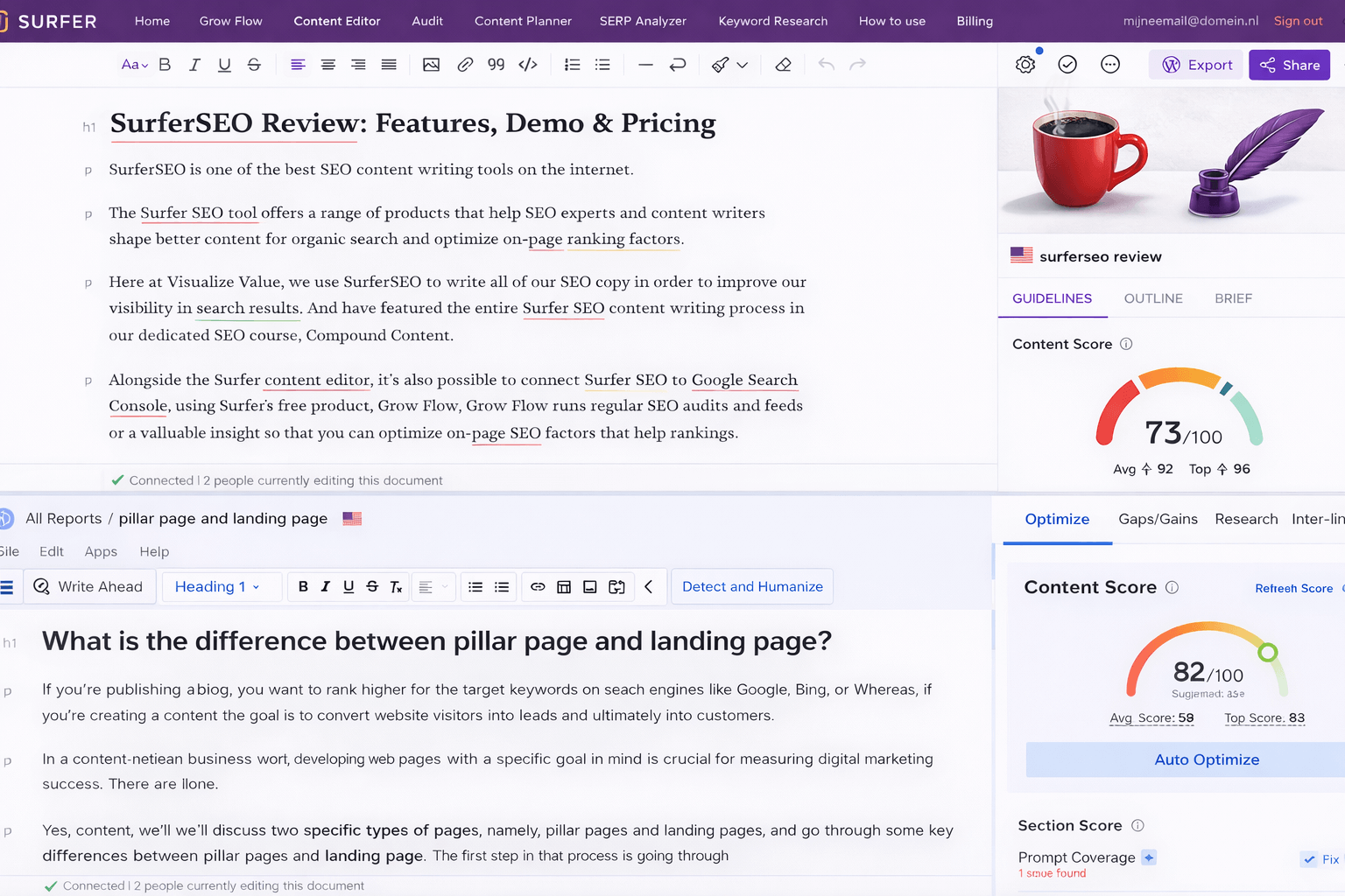 Side-by-side comparison of Scalenut AI-SEO Editor vs Surfer SEO Content Editor showing real-time optimization suggestions