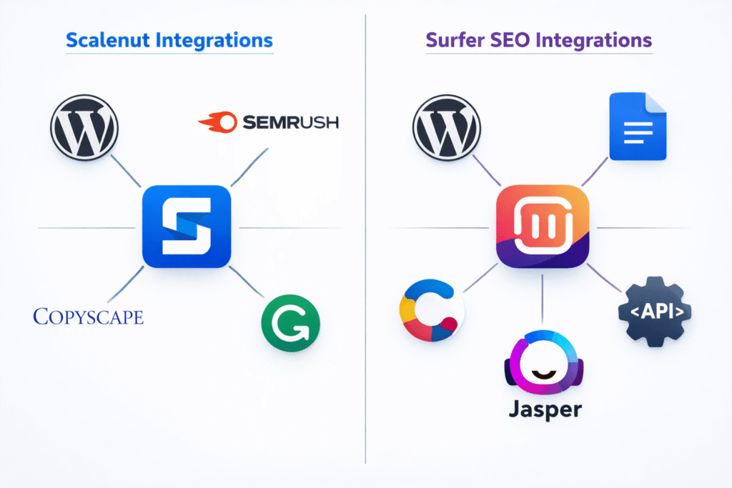 Scalenut vs Surfer SEO integration ecosystem showing supported platforms and tools