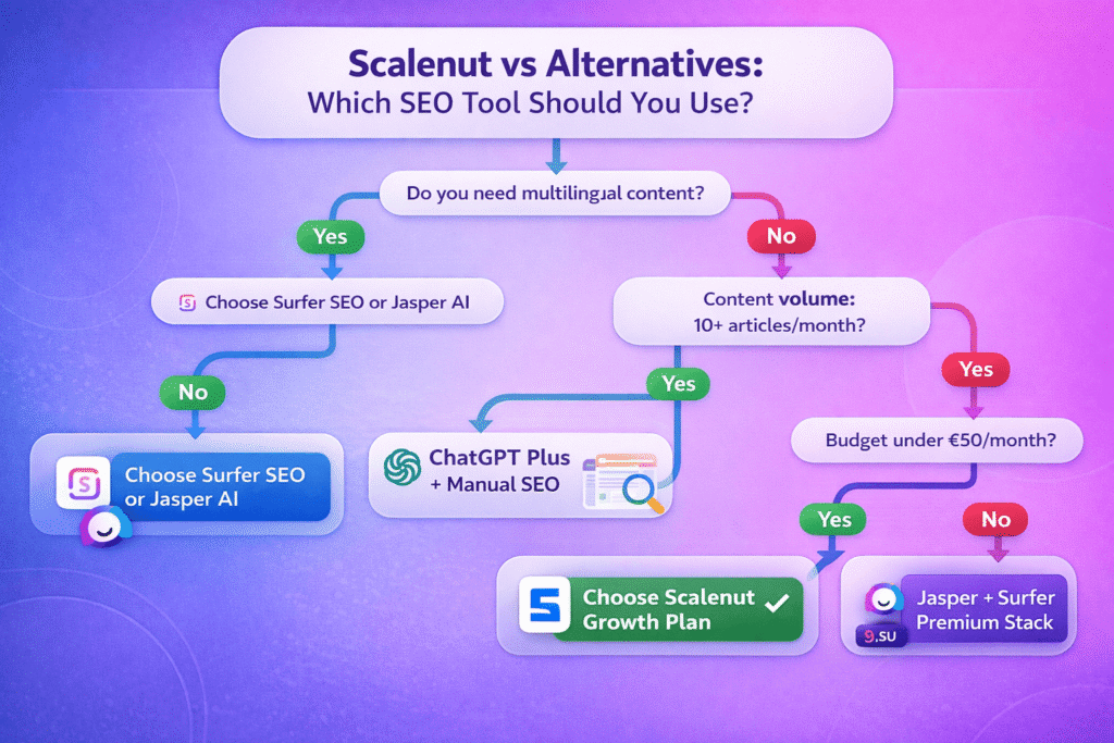 Decision flowchart showing when to choose Scalenut vs alternatives based on volume, budget, and language needs