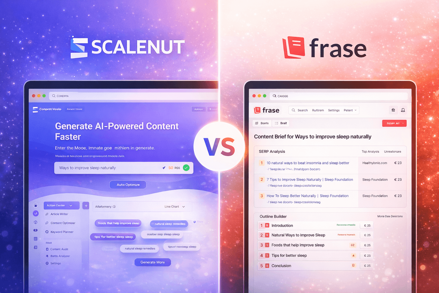 Scalenut vs Frase side-by-side comparison showing interface screenshots and pricing