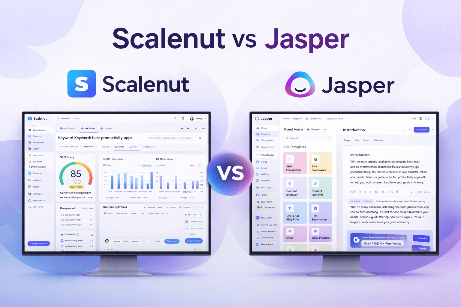 Scalenut vs Jasper AI writing tool dashboard comparison showing interface differences