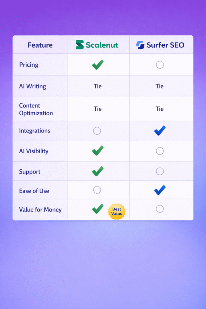 Scalenut vs Surfer SEO feature comparison visualization showing pricing, features, and winner by category