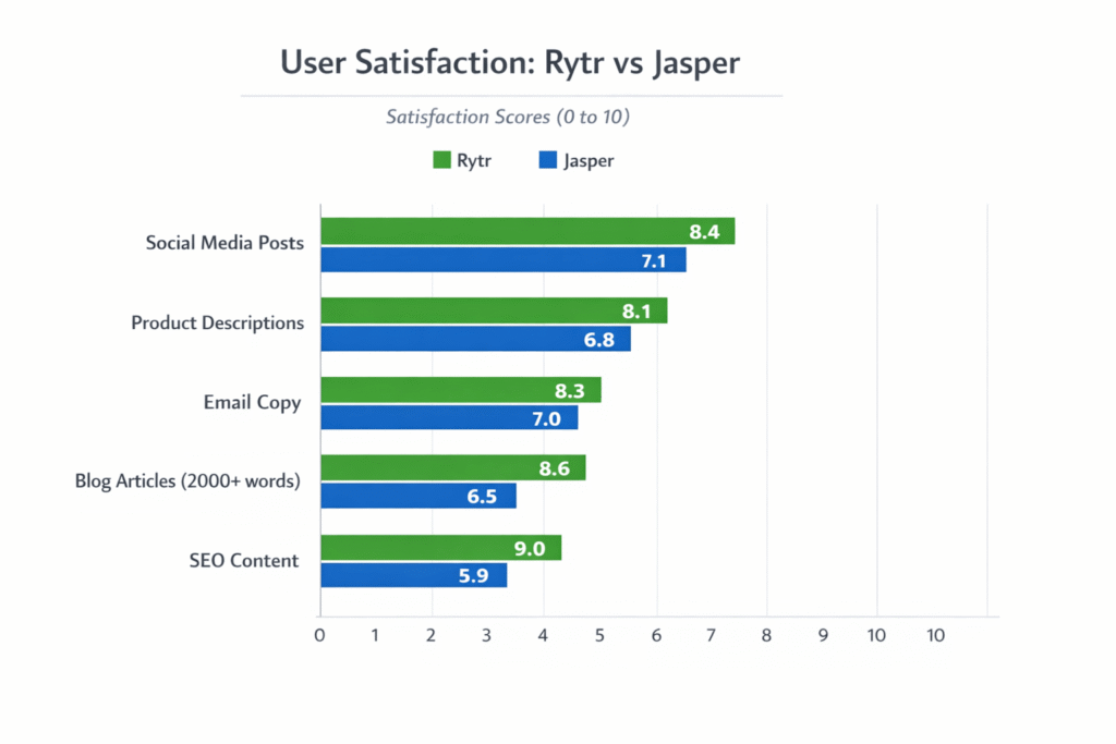 Bar chart showing user satisfaction scores across different content types for Rytr vs Jasper