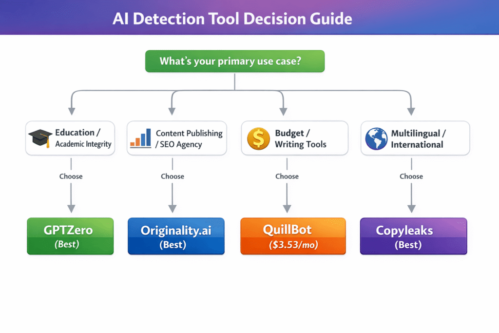 Decision flowchart for choosing the right AI detection tool based on use case and budget