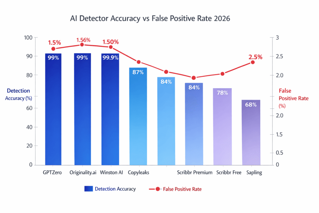 Bar chart comparing AI detector accuracy vs false positive rates across Originality.ai, GPTZero, Winston AI, Copyleaks, Scribbr and Sapling