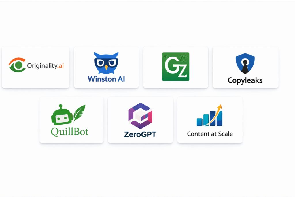 Comparison of best AI detectors for SEO showing Originality.ai, Winston AI, GPTZero, and Copyleaks side by side