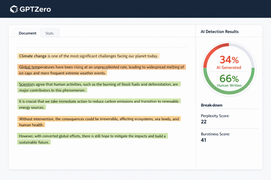 GPTZero AI detection interface showing sentence-level AI highlighting with color-coded results