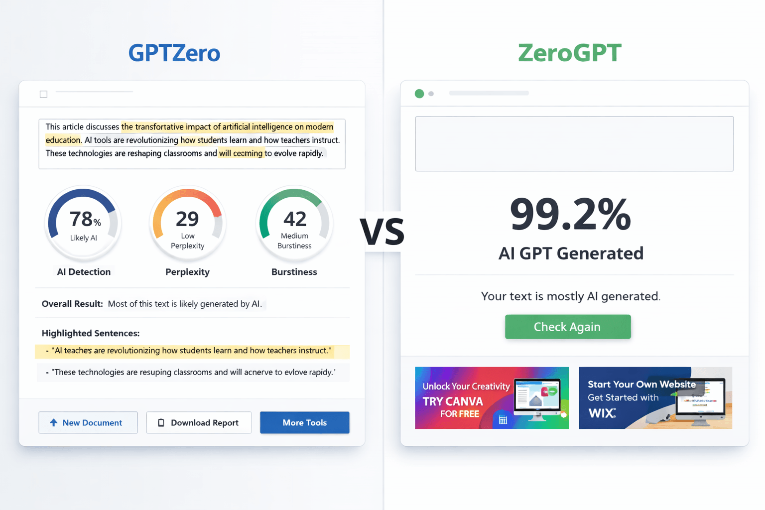 Side-by-side interface comparison of GPTZero and ZeroGPT AI detection tools in 2026