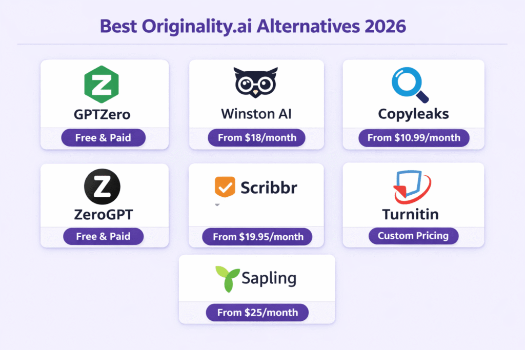 Side-by-side comparison overview of 7 best Originality.ai alternatives showing logos, pricing and key features