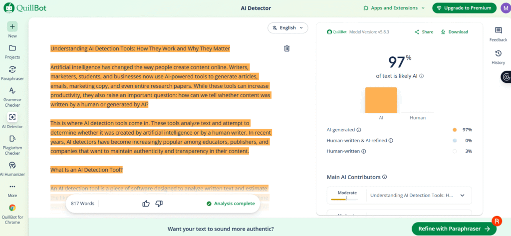 QuillBot AI detector interface showing 4-category detection result: AI-generated, AI-refined, human-written with AI refinement, and human-written