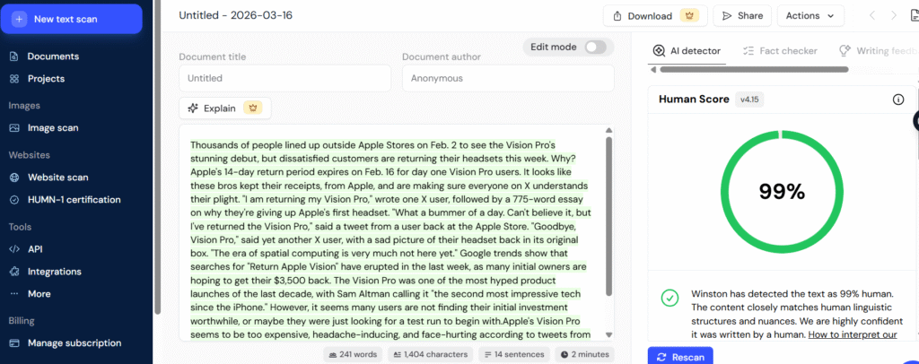 Winston AI detection report showing HUMAN score with detailed breakdown and HUMN-1 website certification badge