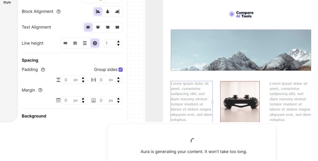 Brevo Aura AI assistant panel showing generated email subject line suggestions as clickable cards inside the email editor