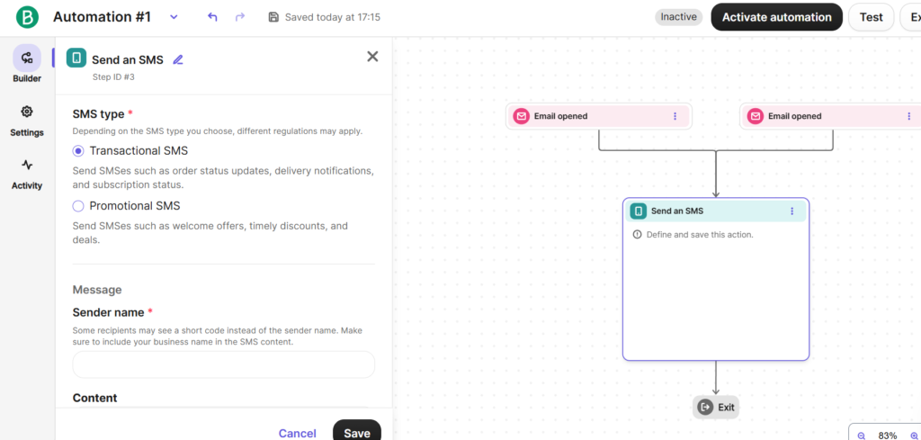 Brevo automation workflow builder showing email sequences with trigger, delay, send email and condition nodes connected by arrows