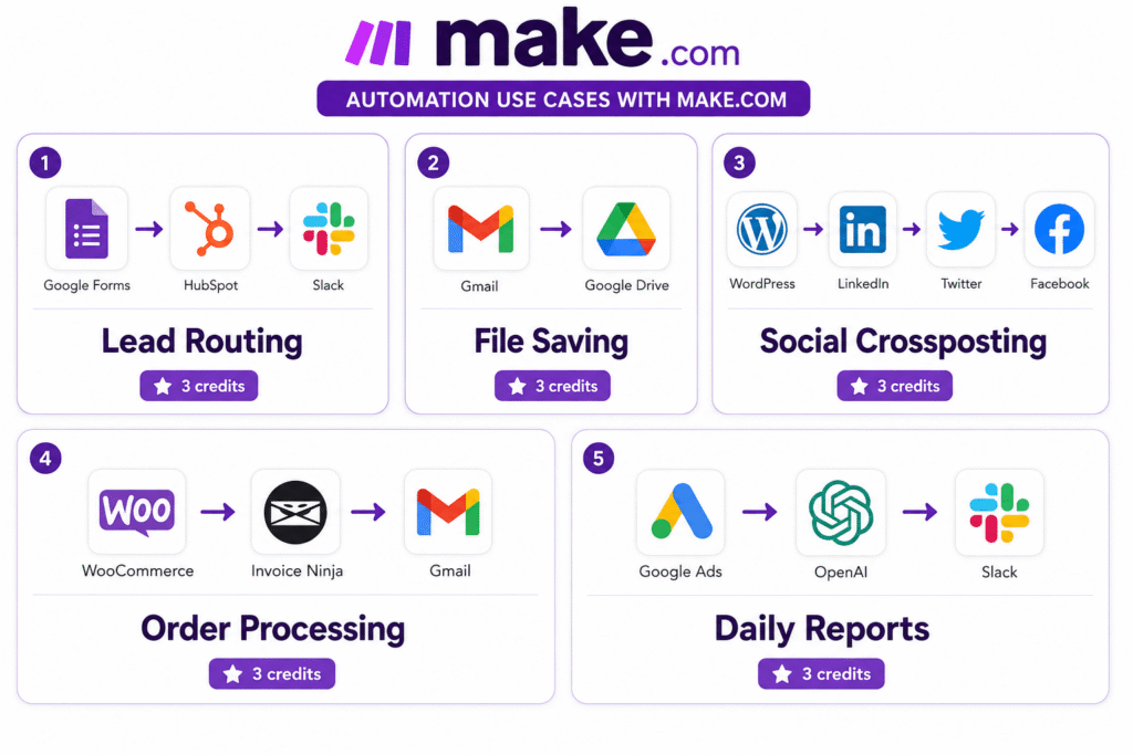 Five Make.com automation use case examples across marketing, operations, content, eCommerce and reporting