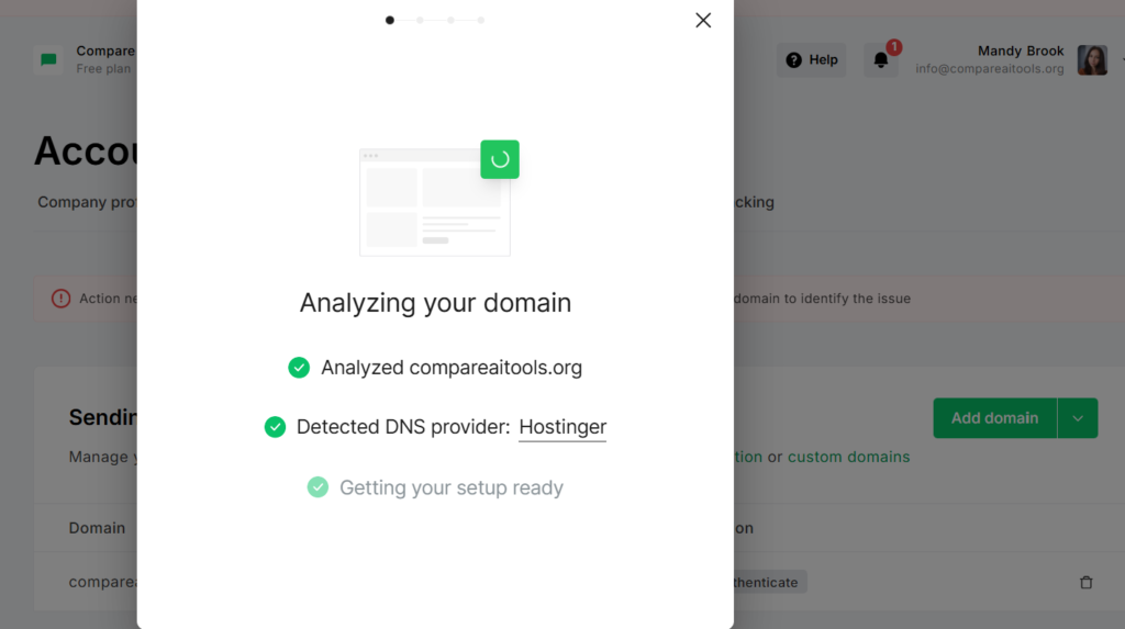 MailerLite Settings Domains page showing SPF and DKIM DNS records with copy buttons and verification status