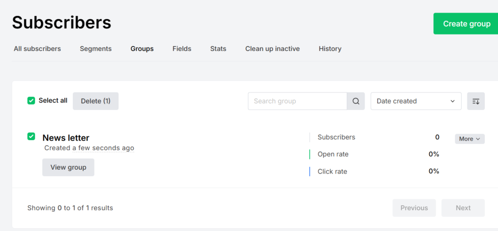 MailerLite Subscribers dashboard showing groups list with subscriber counts on left and segment filter rules builder on right